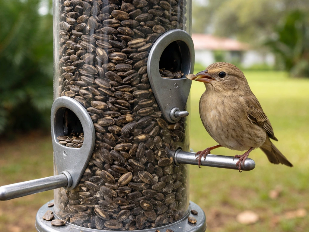 Close-up of a perch tube feeder packed with black-oil sunflower seeds, with a small songbird nearby.
