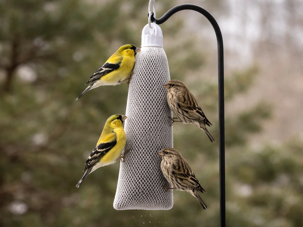 Nyjer thistle sock feeder hanging outdoors with small finches perched in winter light
