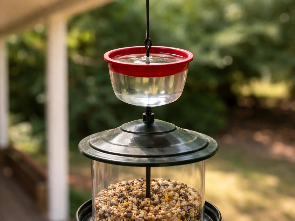 Water-filled ant moat cup hanging above a bird feeder with clean dry seed area below.