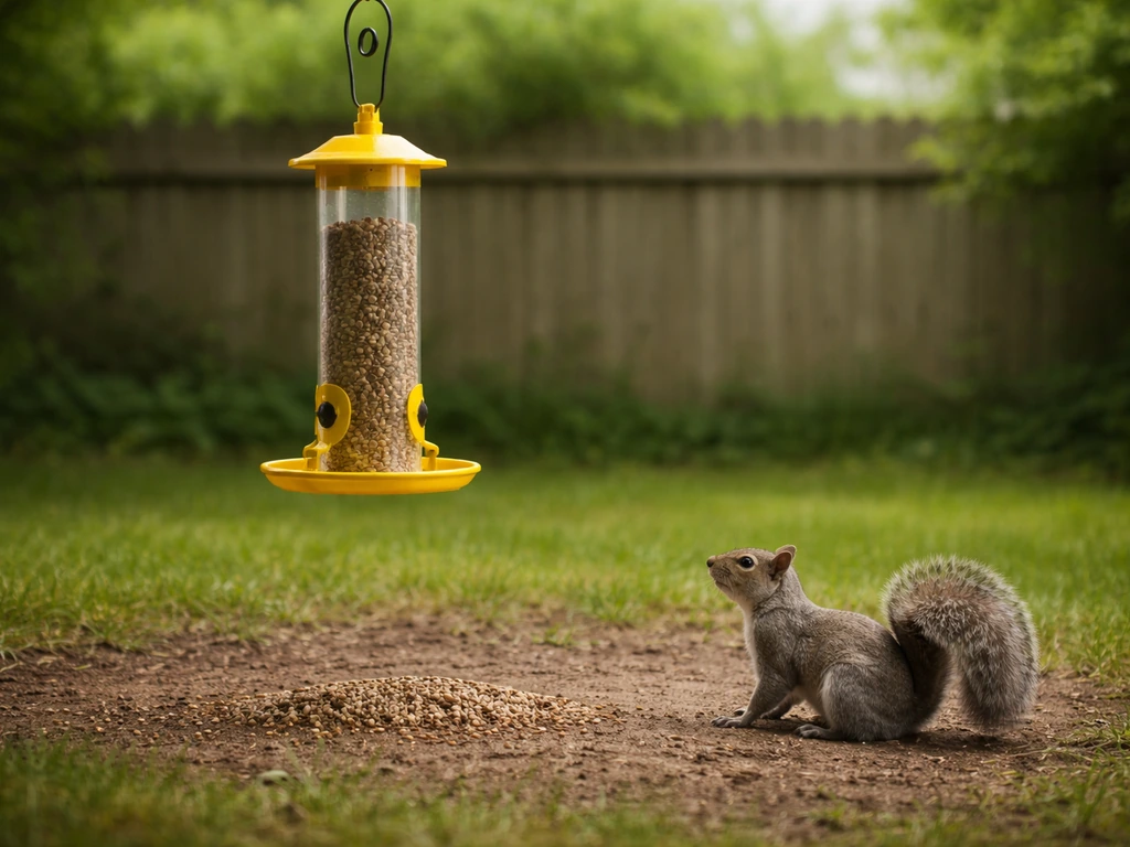 Bright bird feeder in a backyard with a gray squirrel near the feeding area, suggesting pressure tradeoffs.