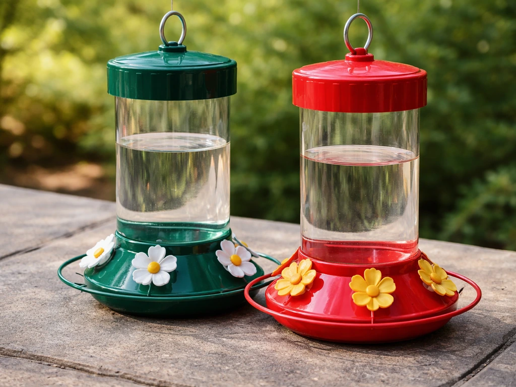 Close-up of a green tube-and-hopper feeder and a separate hummingbird feeder with red/orange ports.