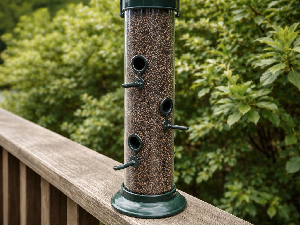Close-up of a nyjer thistle tube feeder with small ports placed for finch access in a quiet outdoor yard.