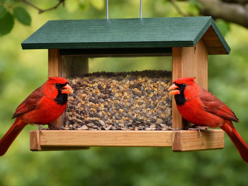 Red cardinals perched at a hopper feeder, comfortably eating on sturdy perches