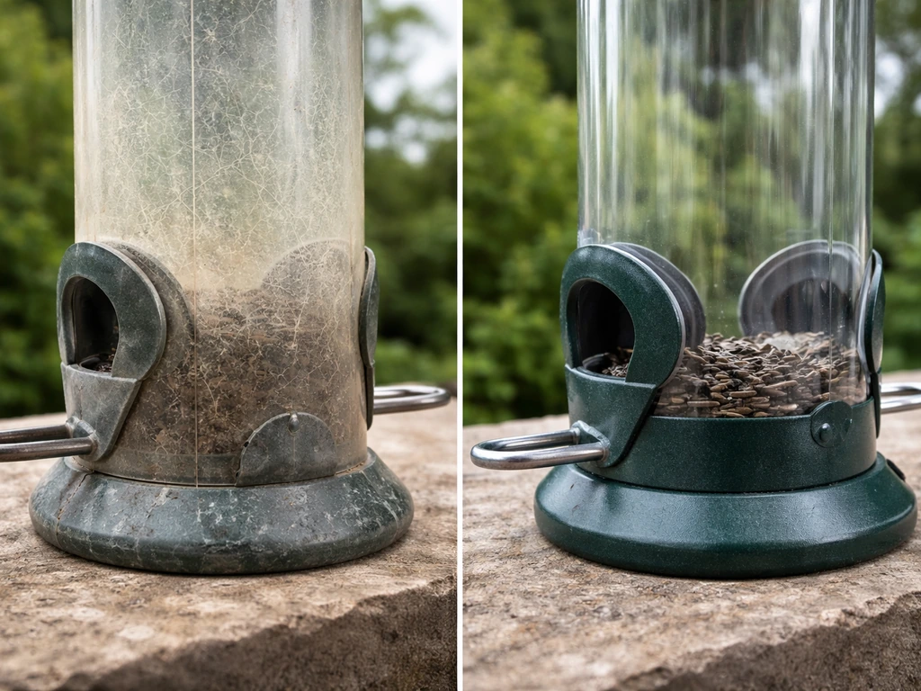 Close-up of two outdoor bird feeders: cracked thin plastic beside intact UV-resistant plastic and metal parts.
