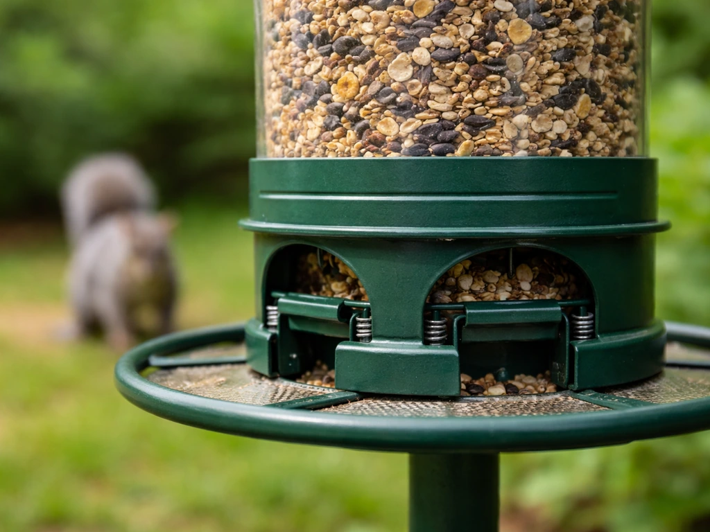 Close-up of a weight-activated feeder with enclosed seed ports as a squirrel-sized silhouette approaches.
