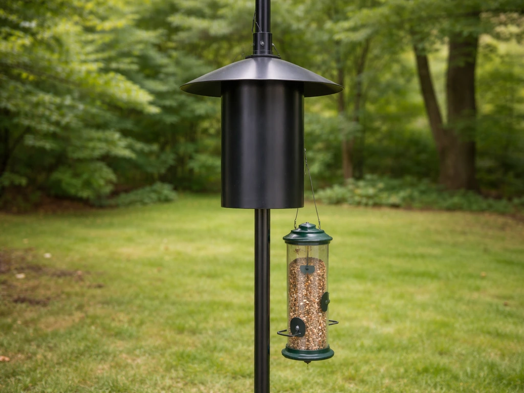 Smooth metal cylindrical baffle on a feeder pole blocking squirrels from climbing.