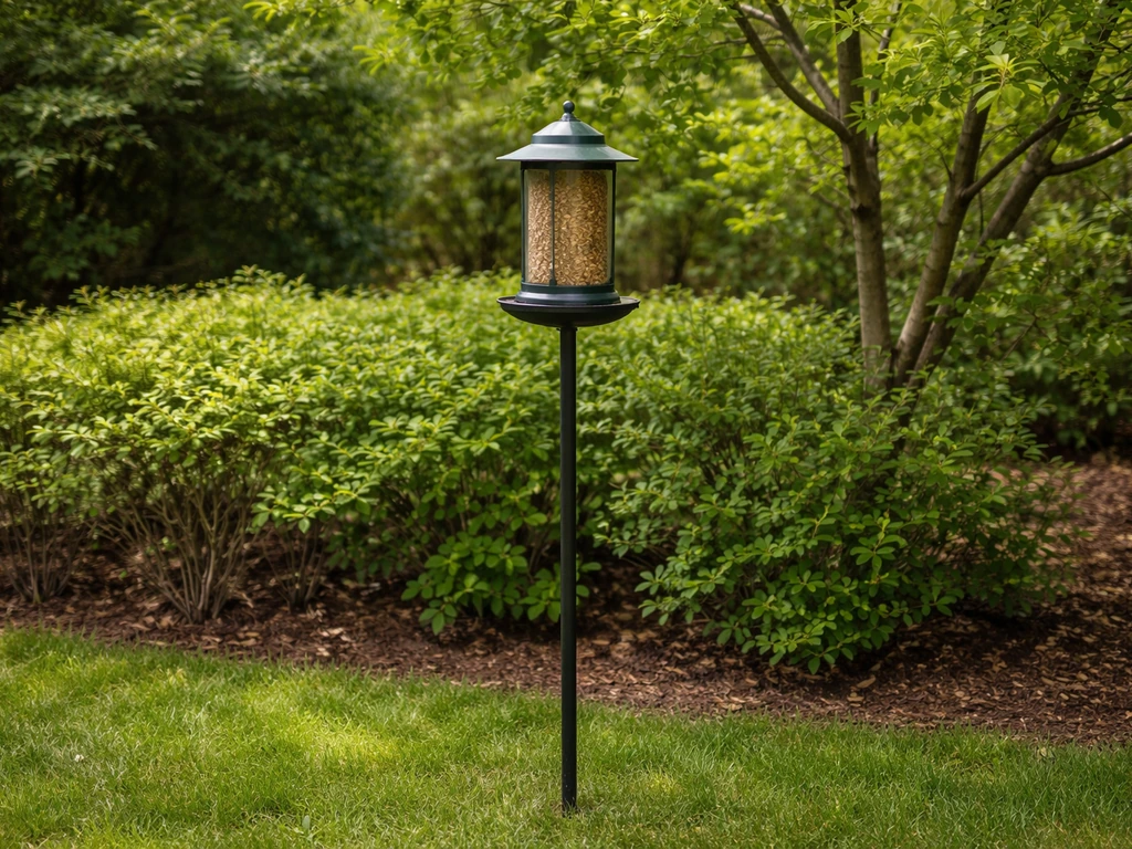 Bird feeder on a pole near shrubs and a small tree with clear approach space for birds.