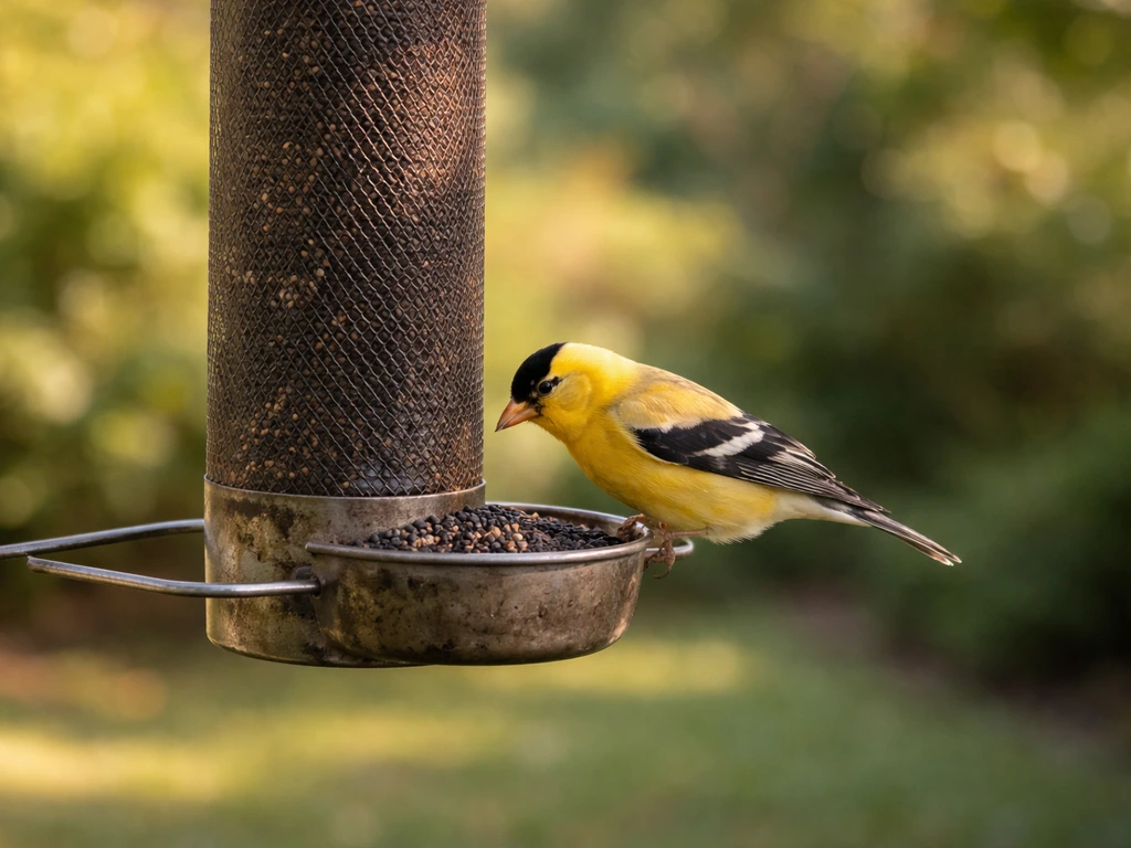 American goldfinch feeding on a hanging Nyjer thistle feeder in soft backyard light.