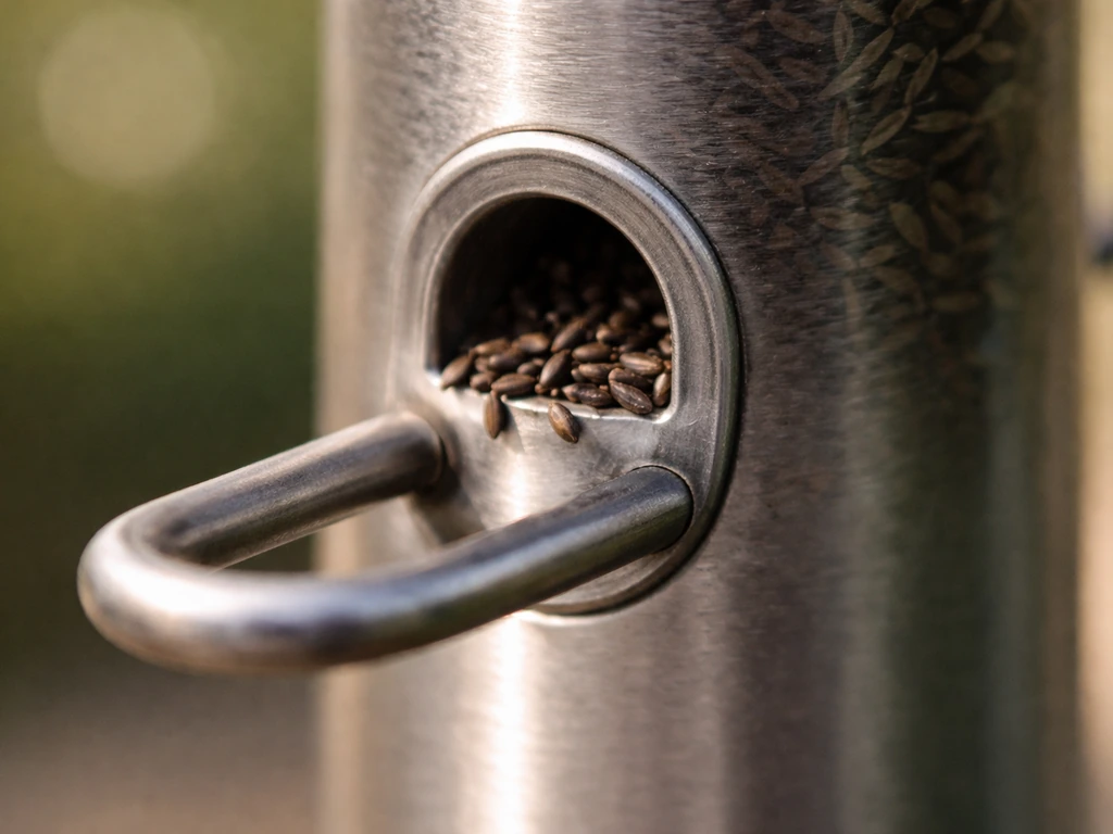 Macro close-up of tiny Nyjer seed ports and metal perch area on a tube thistle feeder