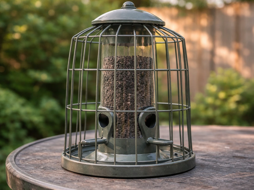Close-up of a thistle feeder with the wire shroud covering seed ports, blocking access.