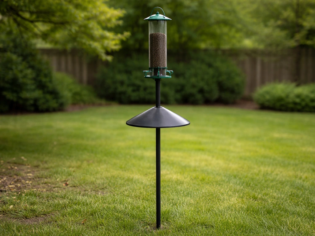 Thistle feeder mounted on a simple pole near a quiet garden edge with clear space and baffle clearance.