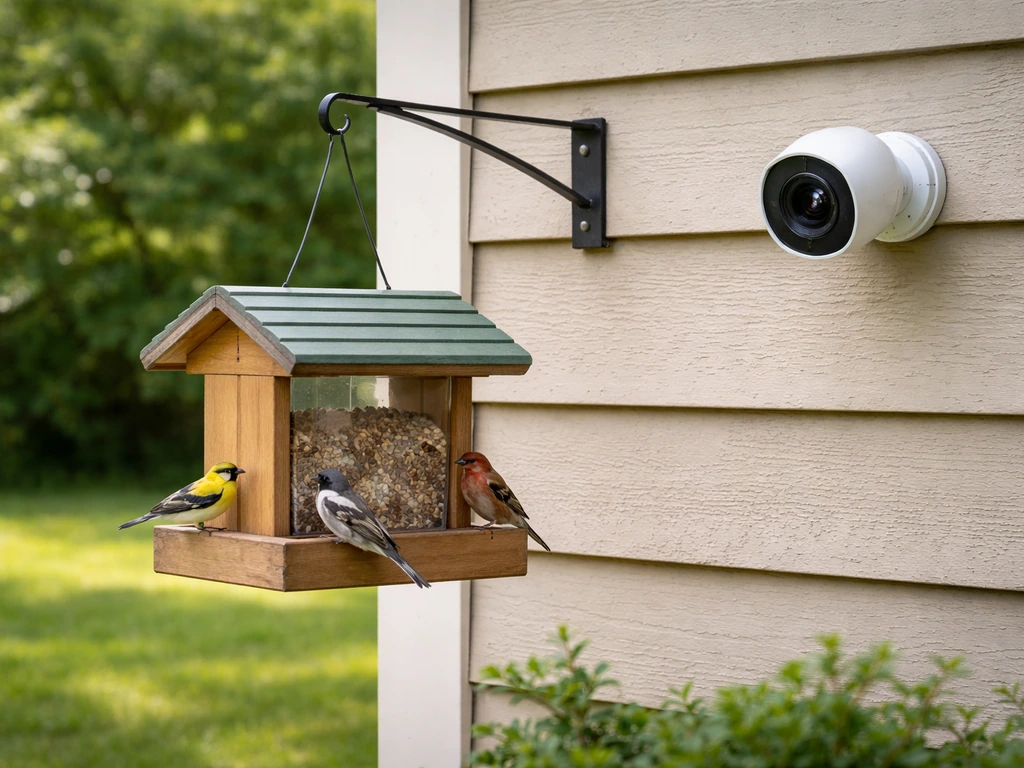 Bird feeder camera mounted by a home, pointed at a bird feeder with birds feeding in daylight.