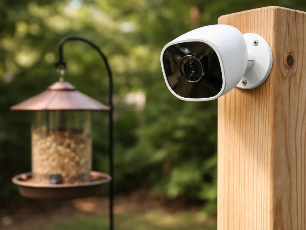 Bird feeder camera mounted near a bird feeder, lens positioned a few feet away for clear footage.