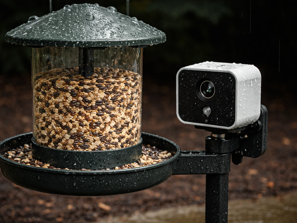 Weatherproof bird feeder camera beside a feeder against a dark, blurred background with raindrops visible.