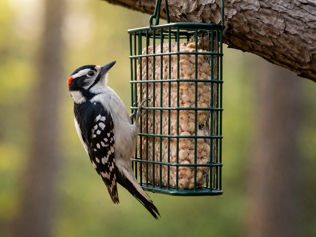 A woodpecker clings vertically to a suet cage feeder, shot from slightly below and offset