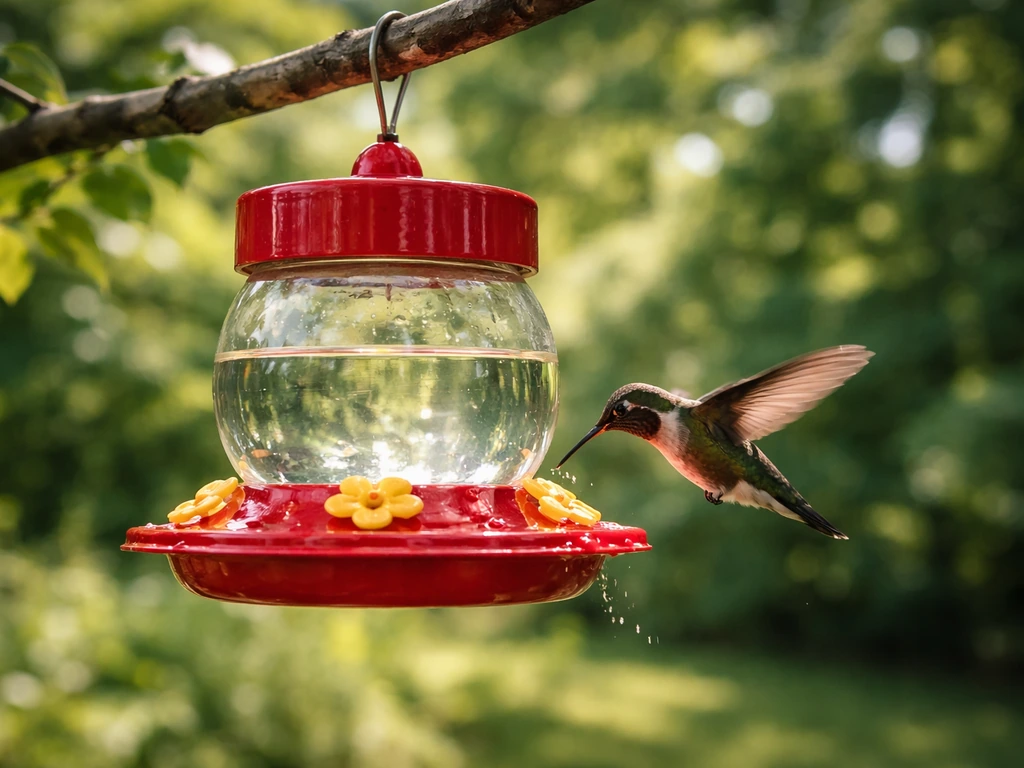 Hummingbird hovering at a backyard nectar feeder with wings slightly blurred, feeder sharp in focus.