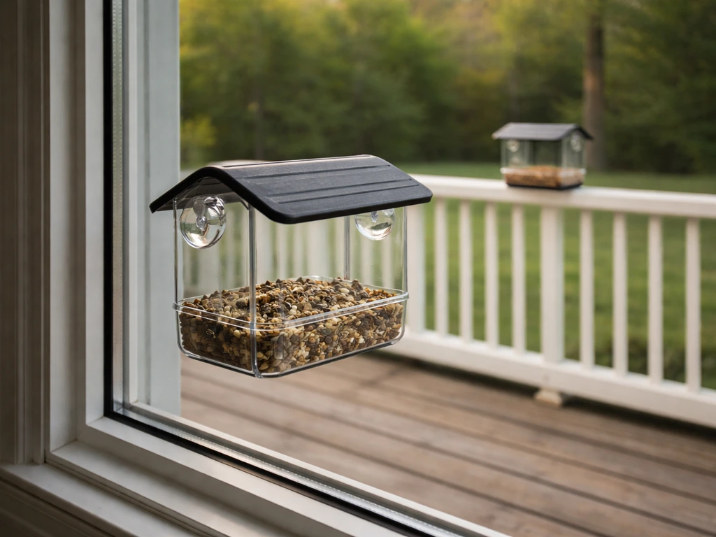 Two bird feeders on a porch, one close to a window and one farther away for safer placement.