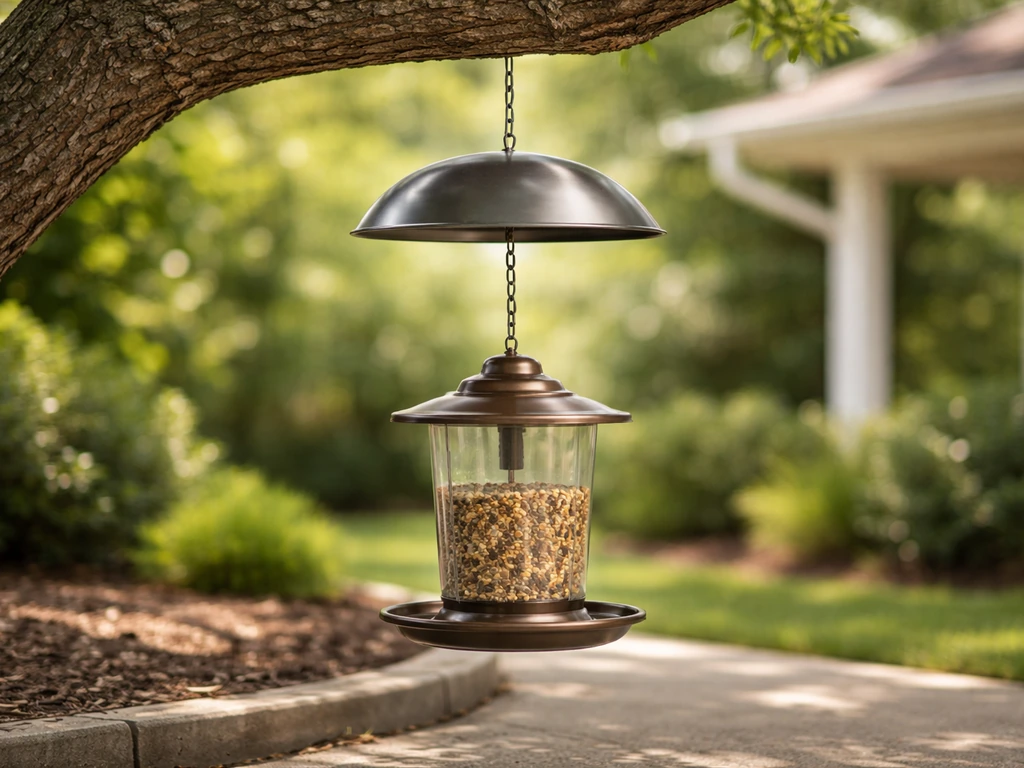 Bird feeder hanging from a tree branch with a squirrel baffle above it to prevent climbing.