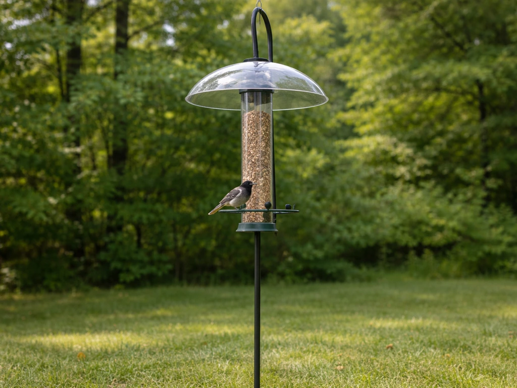 Higher tube bird feeder with a baffle on a pole in a quiet backyard, showing perch detail for lighter birds.