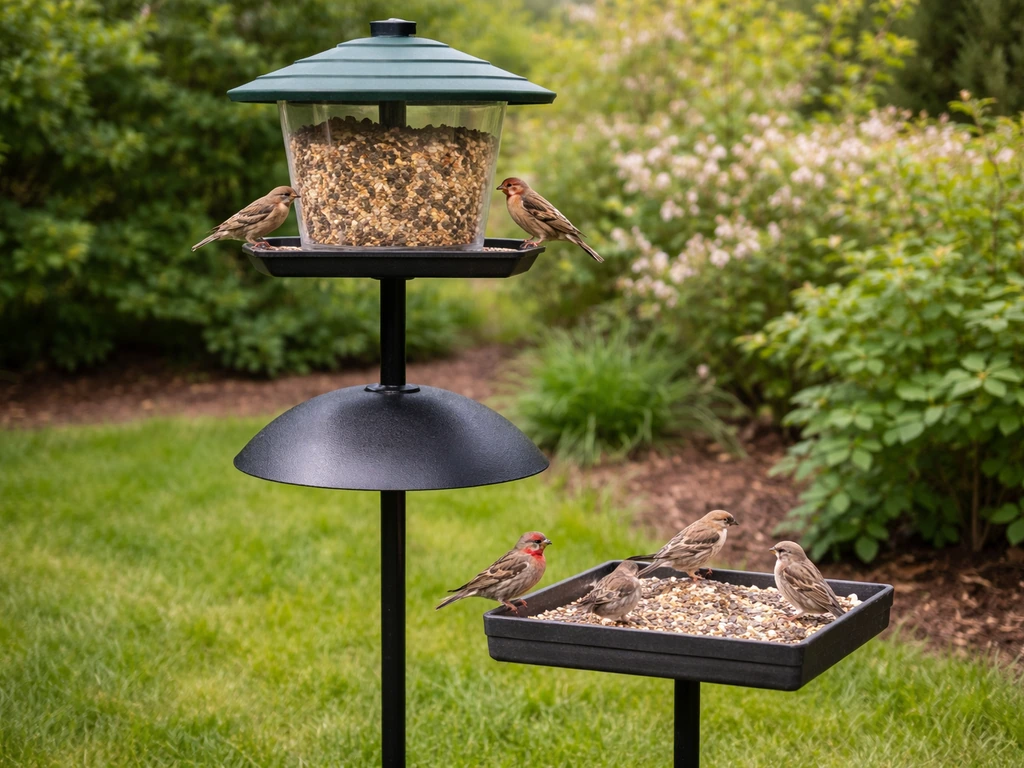 Songbirds feeding on a backyard hopper and tray feeder with visible seed and predator-proof baffle.