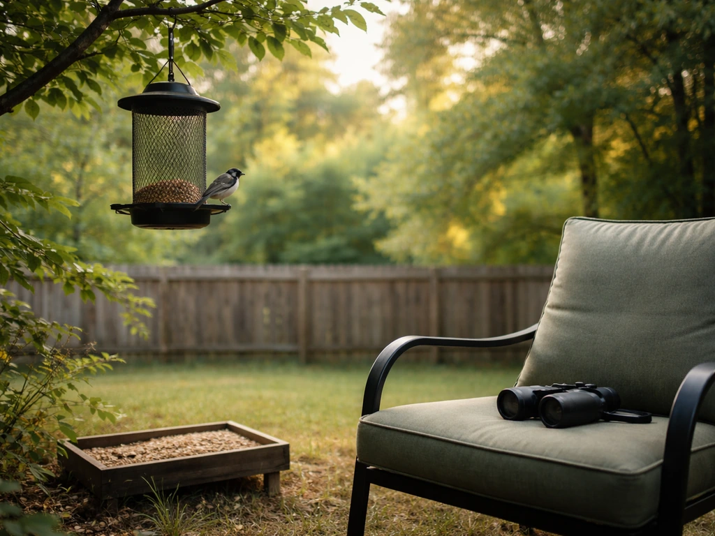 View from a backyard patio with binoculars and a seed feeder, with a small songbird perched nearby.