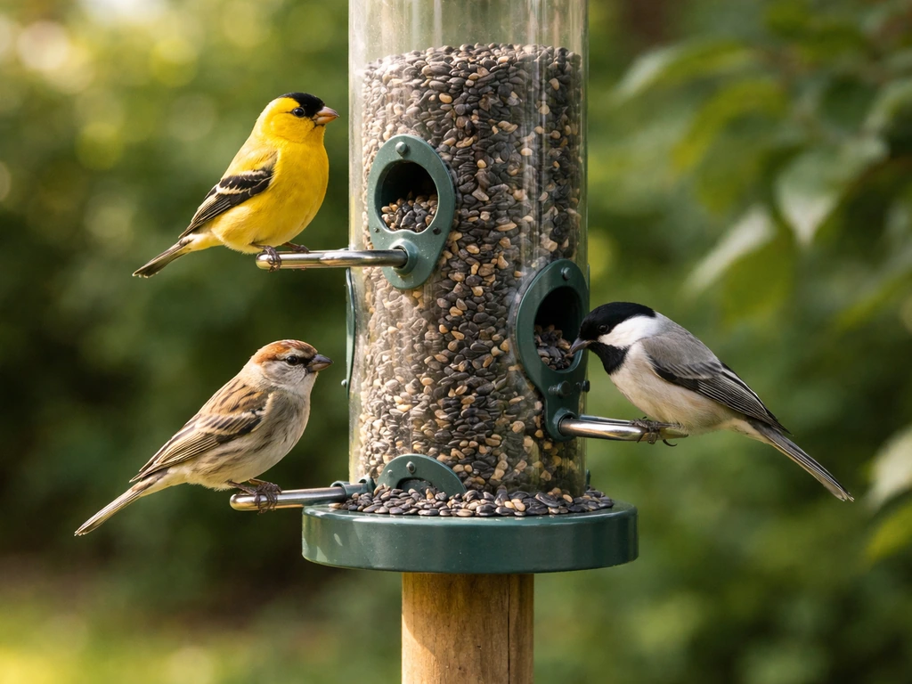 Small songbirds feeding at a black-oil sunflower tube feeder on a branch, close natural view.