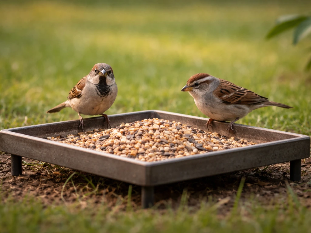 Open platform bird feeder on the ground with small sparrow/dove-like birds perched over visible seed.