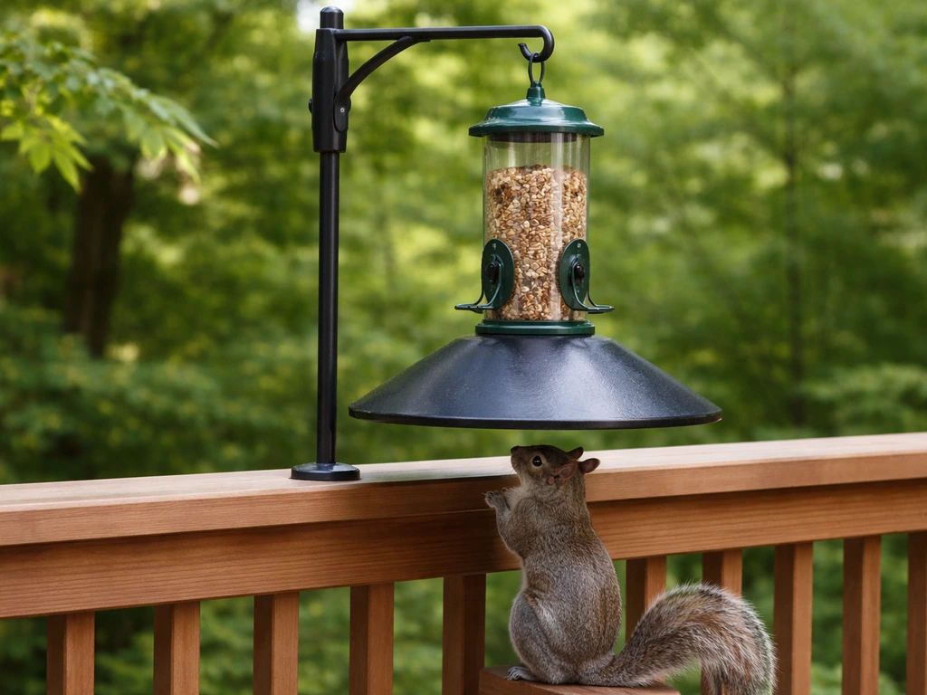 Squirrel blocked by a metal baffle on a weight-activated bird feeder in a backyard.