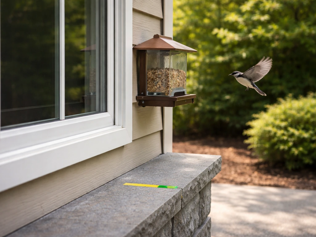 Close-up of a backyard bird feeder near a window with simple safe spacing cues and a bird approaching.