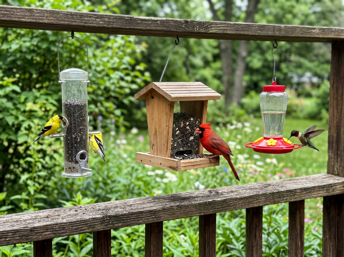 Three feeder types side-by-side for finches, cardinals, and hummingbirds.