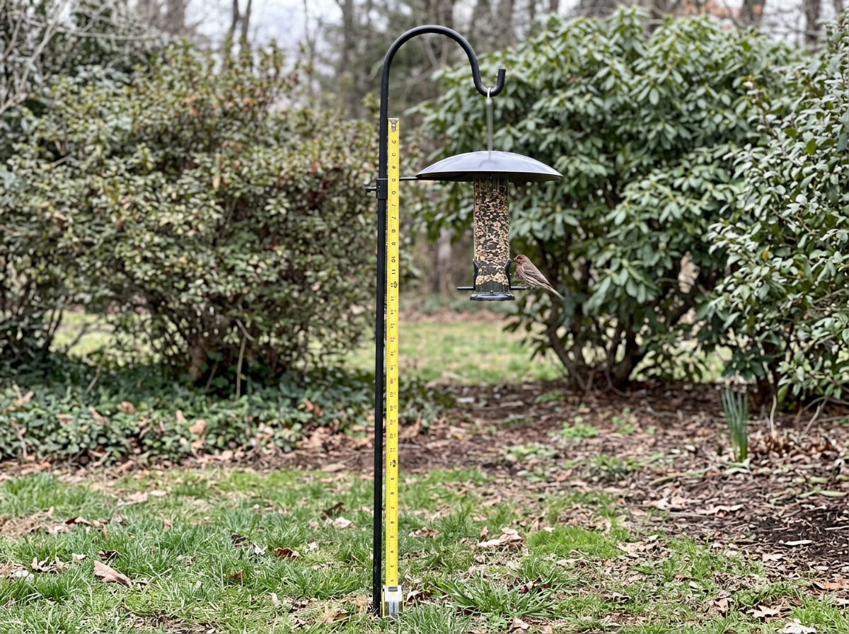 Mounted feeder on a pole with baffle and a measuring tape for height/spacing.