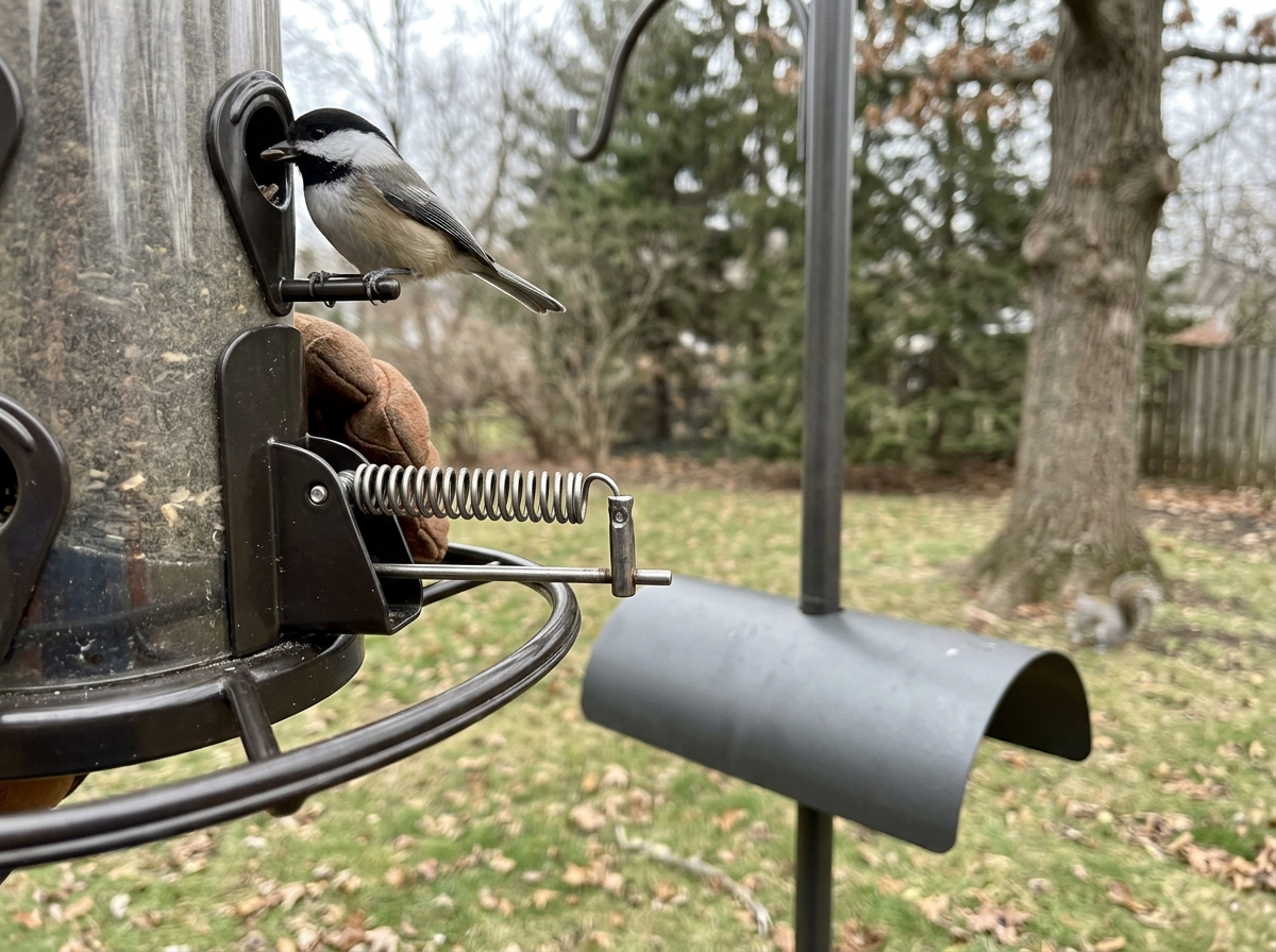 Close-up of squirrel-resistant feeder mechanism with baffle and visible spring/weight linkage.