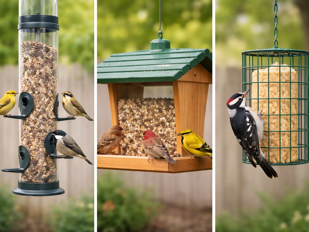 Three matching bird feeder types shown side-by-side with birds feeding on each type.