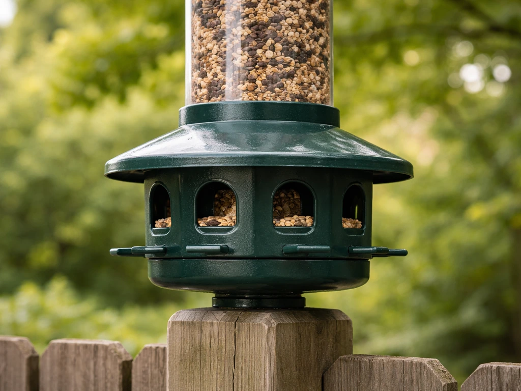 Close-up of a squirrel-proof tube bird feeder showing open seed ports under a protective shroud in a backyard.