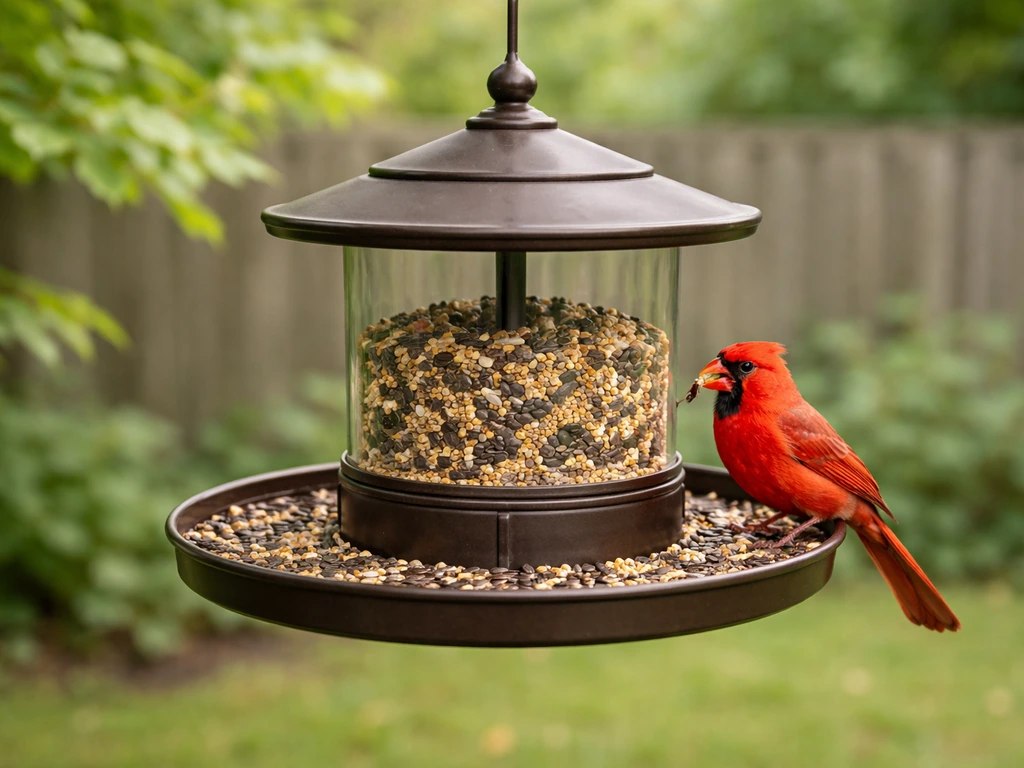 A cardinal perched on a wide circular platform feeder with seeds around it in a quiet garden.