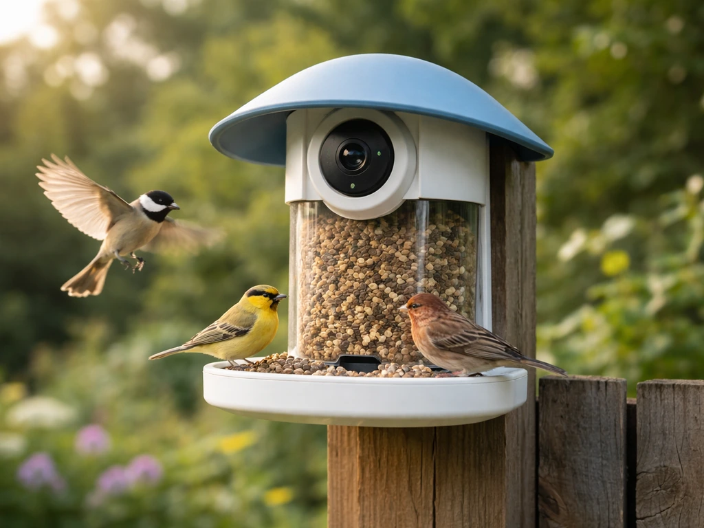 Outdoor smart bird feeder with visible camera module and small birds perched and landing.