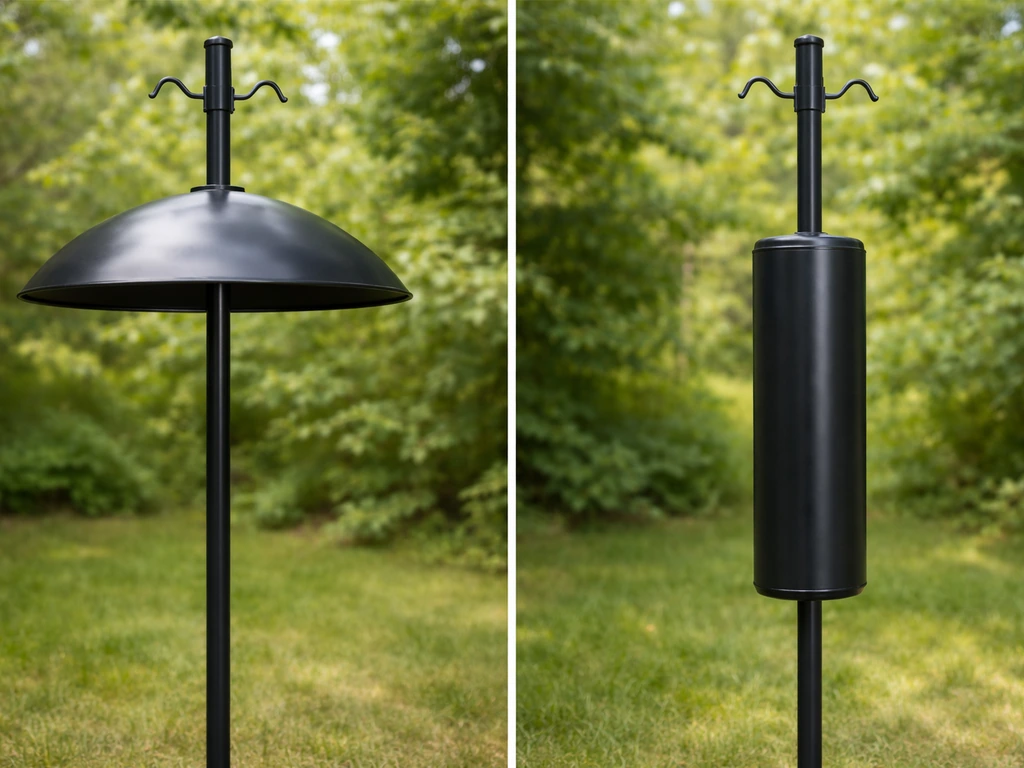Side-by-side view of a dome baffle and a torpedo/tube baffle mounted on the same feeder pole.