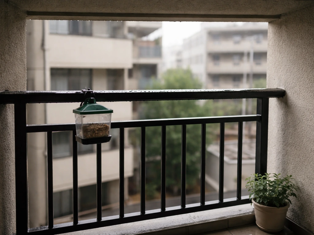 Small balcony with bird feeder clipped near a rail and overhanging neighbor balcony above, showing limited hanging space