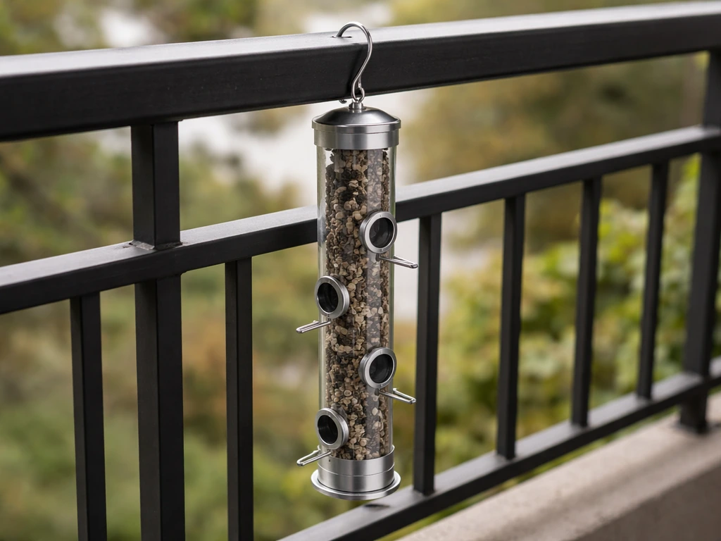 Close-up of a narrow balcony tube feeder with multiple seed ports and a rail/hook mount.