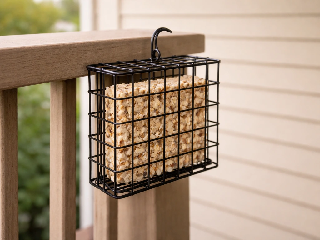 Wire-cage suet feeder on a balcony with a visible suet block inside.