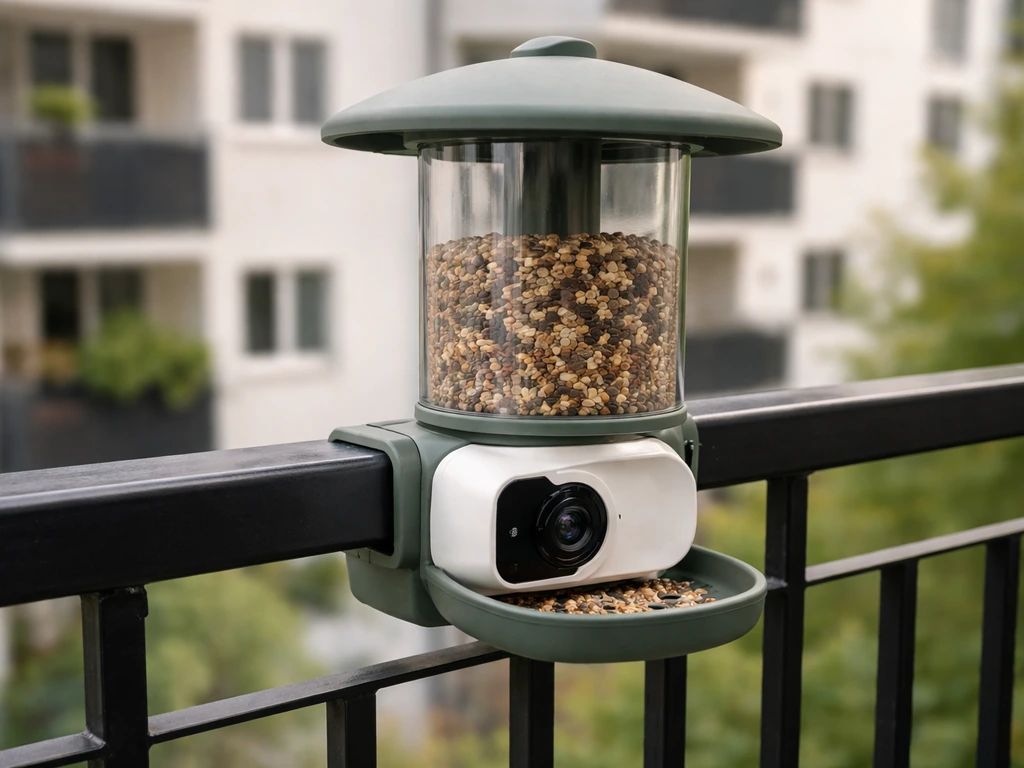 Smart bird feeder camera mounted on a balcony feeder, camera housing clearly visible