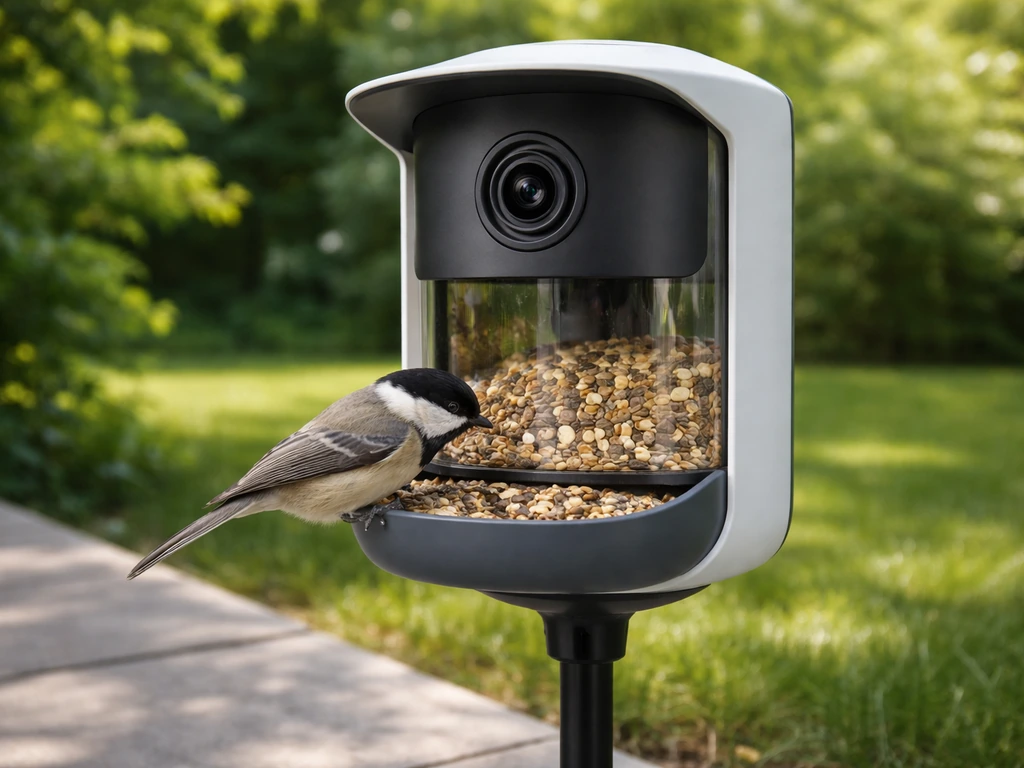 Daytime camera bird feeder in a backyard with a small bird perched at the feeding port.