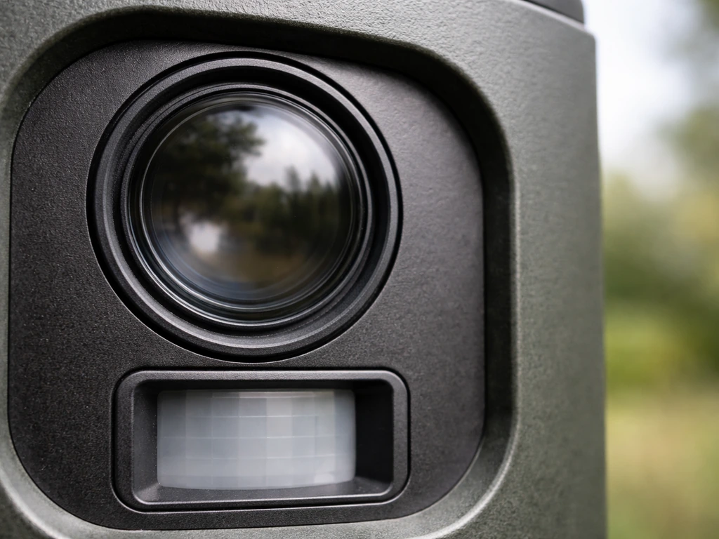 Close-up of a camera feeder lens/sensor window with a nearby motion trigger sensor area