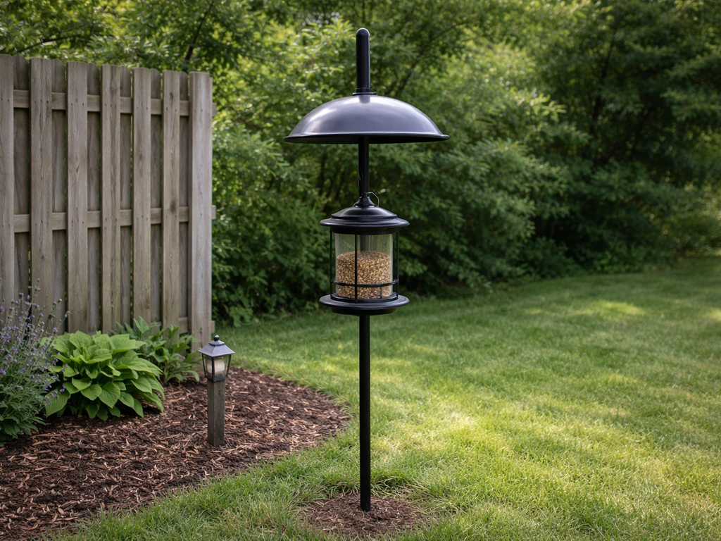 Backyard bird-feeder mounted on a pole with a baffle, spaced away from fence surfaces.
