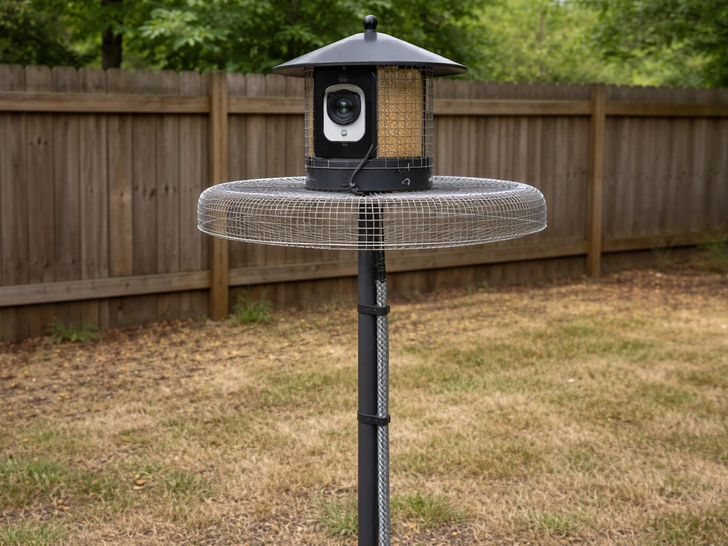Outdoor camera feeder mounted on a sturdy pole with predator guard and protected cable near a backyard feeder