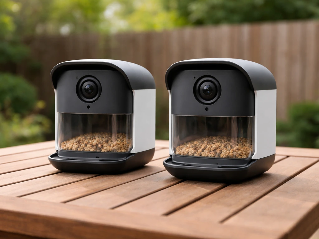 Two outdoor smart camera feeders side-by-side on a patio table with a blurred backyard behind them.