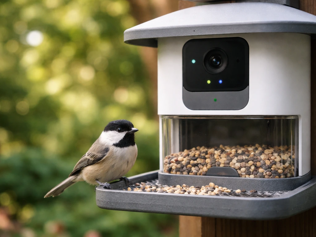 Smart bird feeder camera with a small bird perched near the feeding station in natural light.