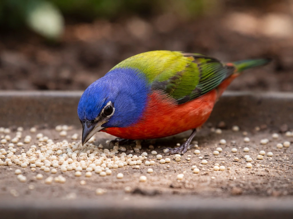Painted bunting on a ground feeder surface with scattered white proso millet