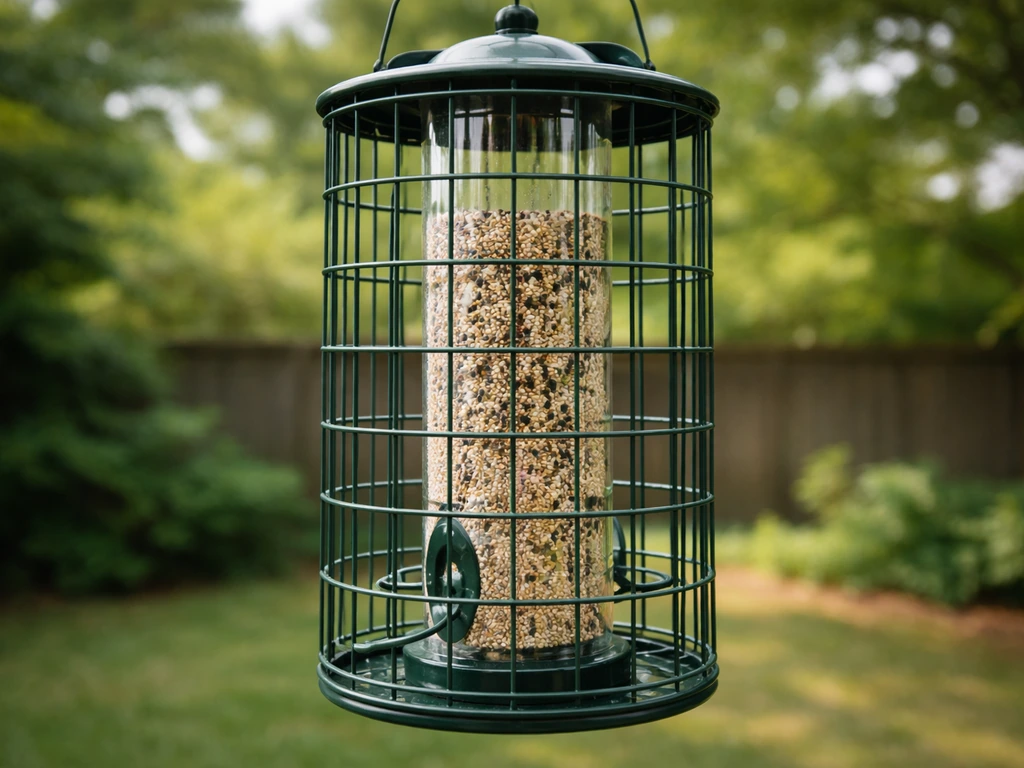 Close-up of a caged tube feeder showing small grid openings and millet inside.