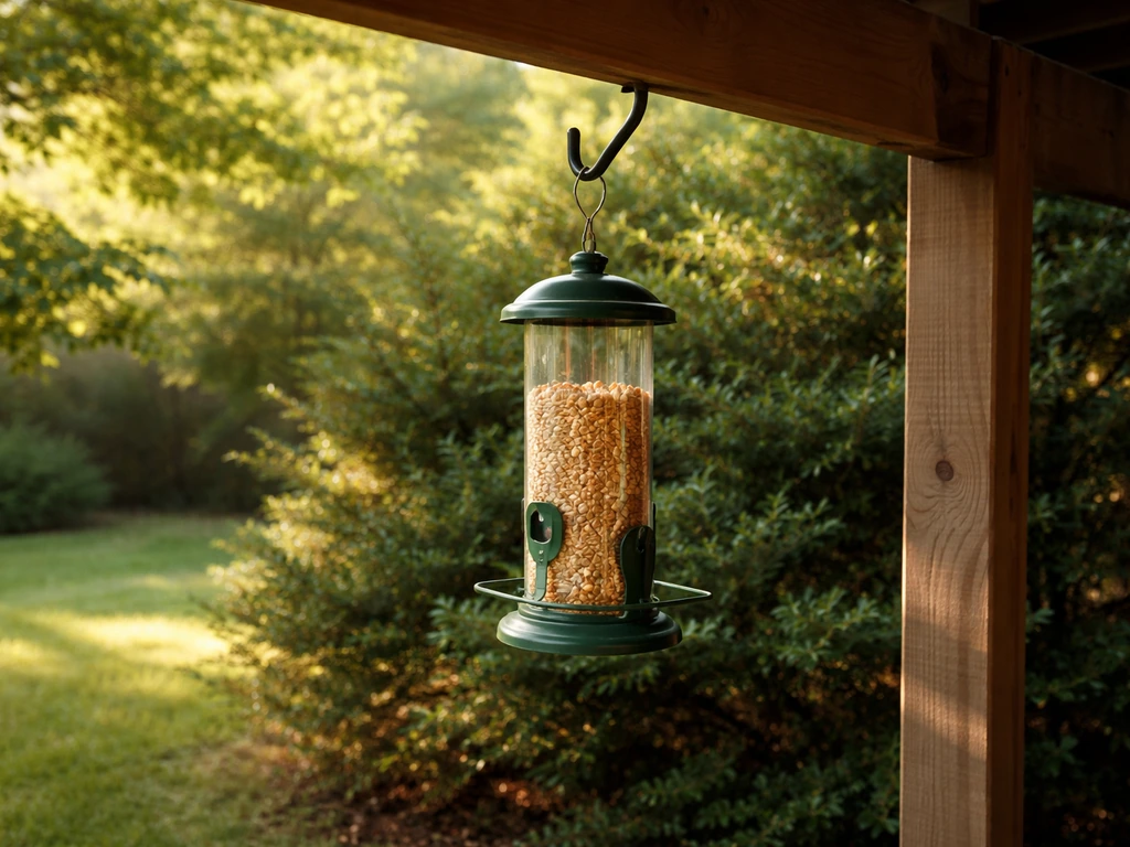 Low bird feeder in partial shade beside evergreen cover in a quiet backyard yard.